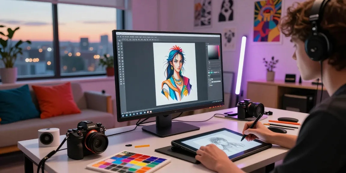 Creating NSFW AI models in a vibrant digital art studio with intricate designs and dynamic lighting