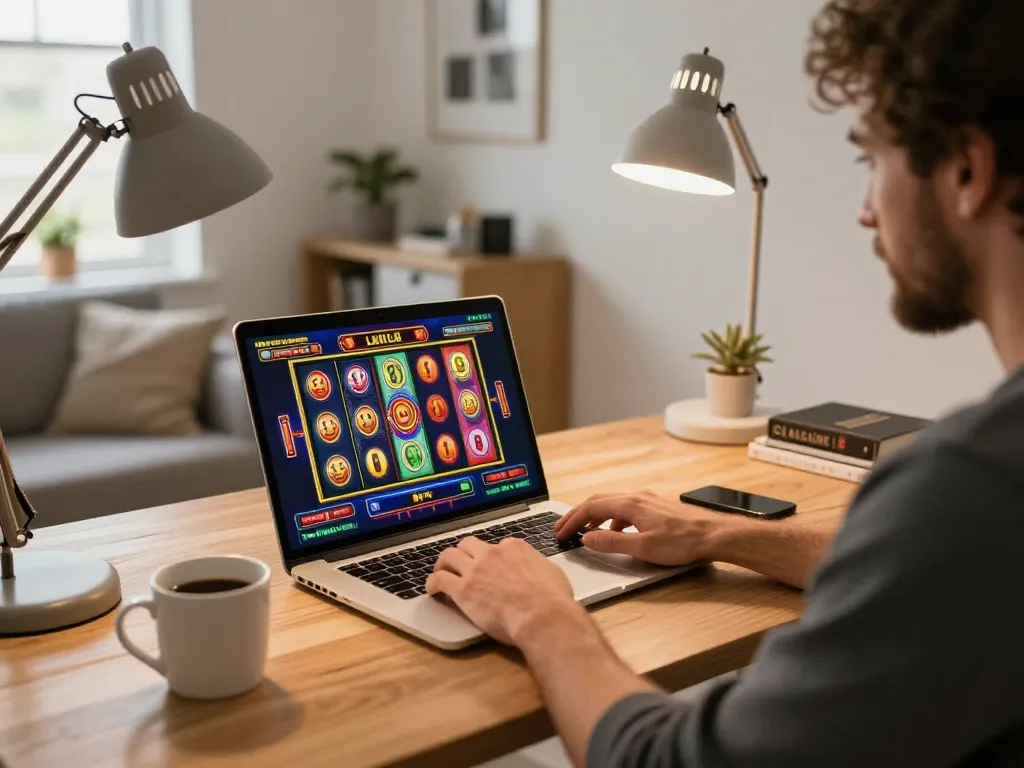 Engaging with slot depo 5k game on a laptop in a stylish home office setup