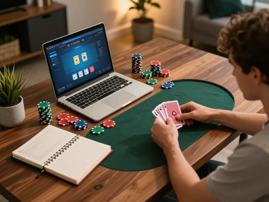 Player analyzing hand in online poker game at home with tr 88 strategy notes visible