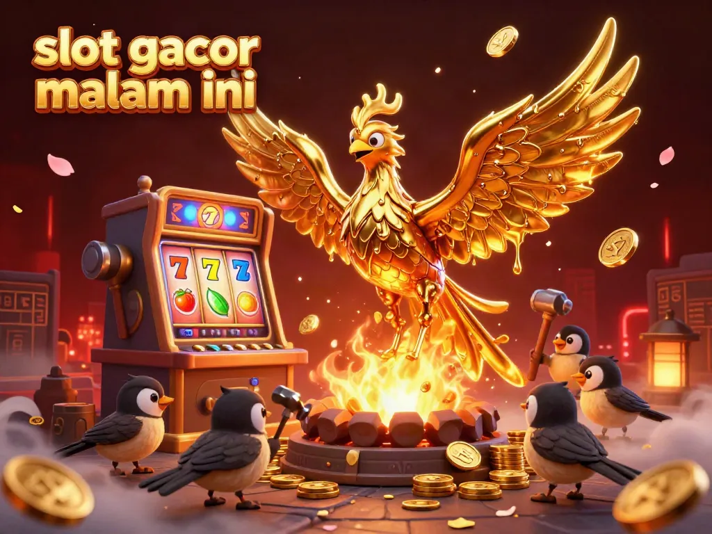 Experience the thrill of slot gacor malam ini with molten gold phoenix and colorful slot reels in a vibrant casino scene.