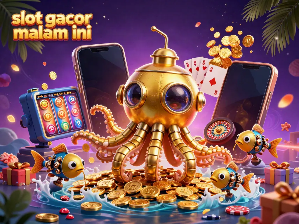 Engage with slot gacor malam ini through an animated 3D scene of golden kraken in a treasure sea.
