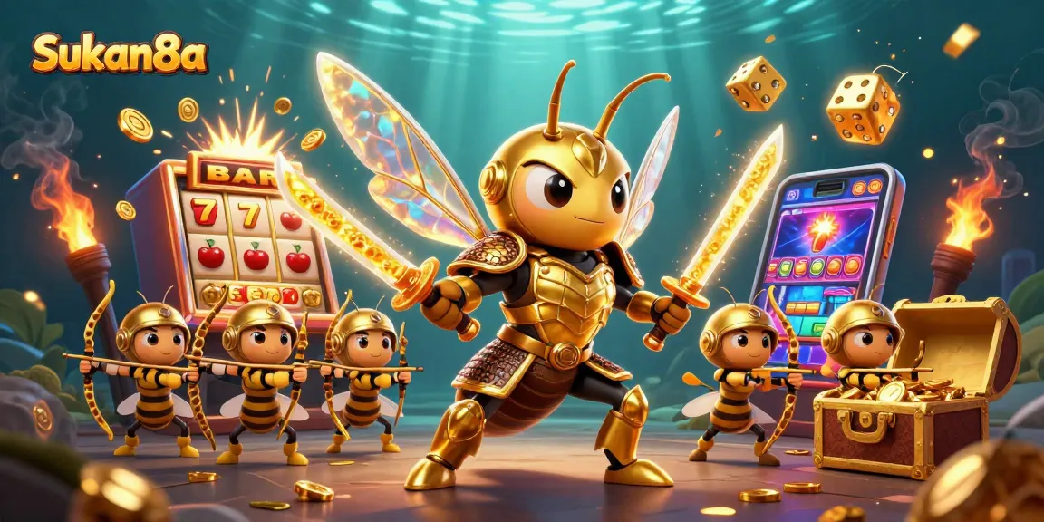 Sukan8a features a dynamic illustration of a golden hornet samurai amidst an explosive casino scene with slot machines and gold.