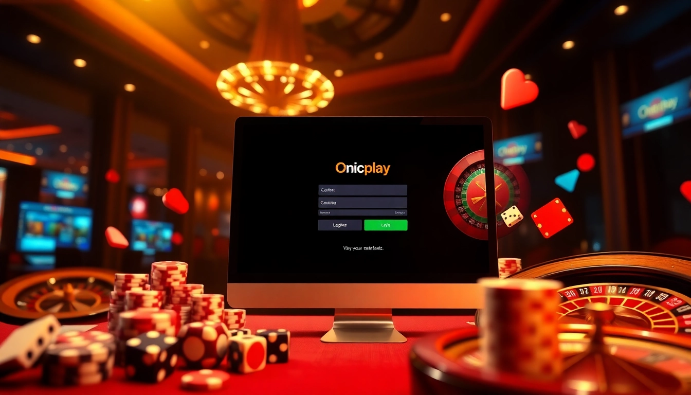 Engage with Onicplay login interface showcased amid glamorous casino elements for online gaming.