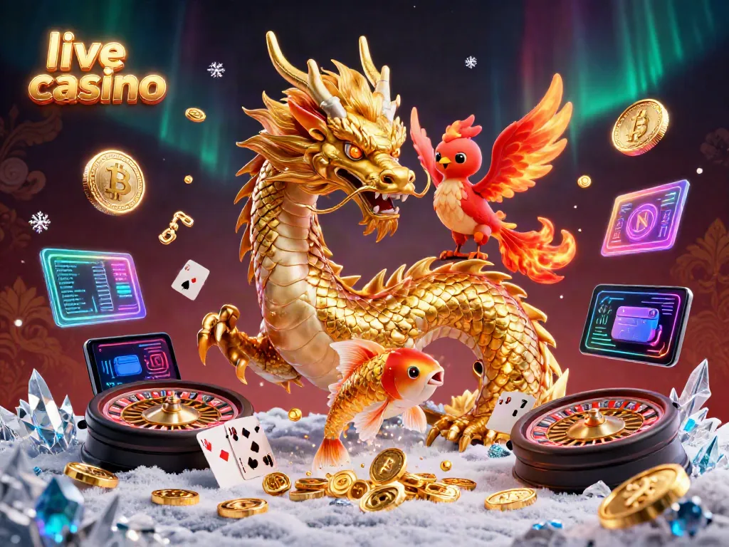 Permainan live casino interaktif dengan naga emas dan phoenix merah di tengah suasana kaya.