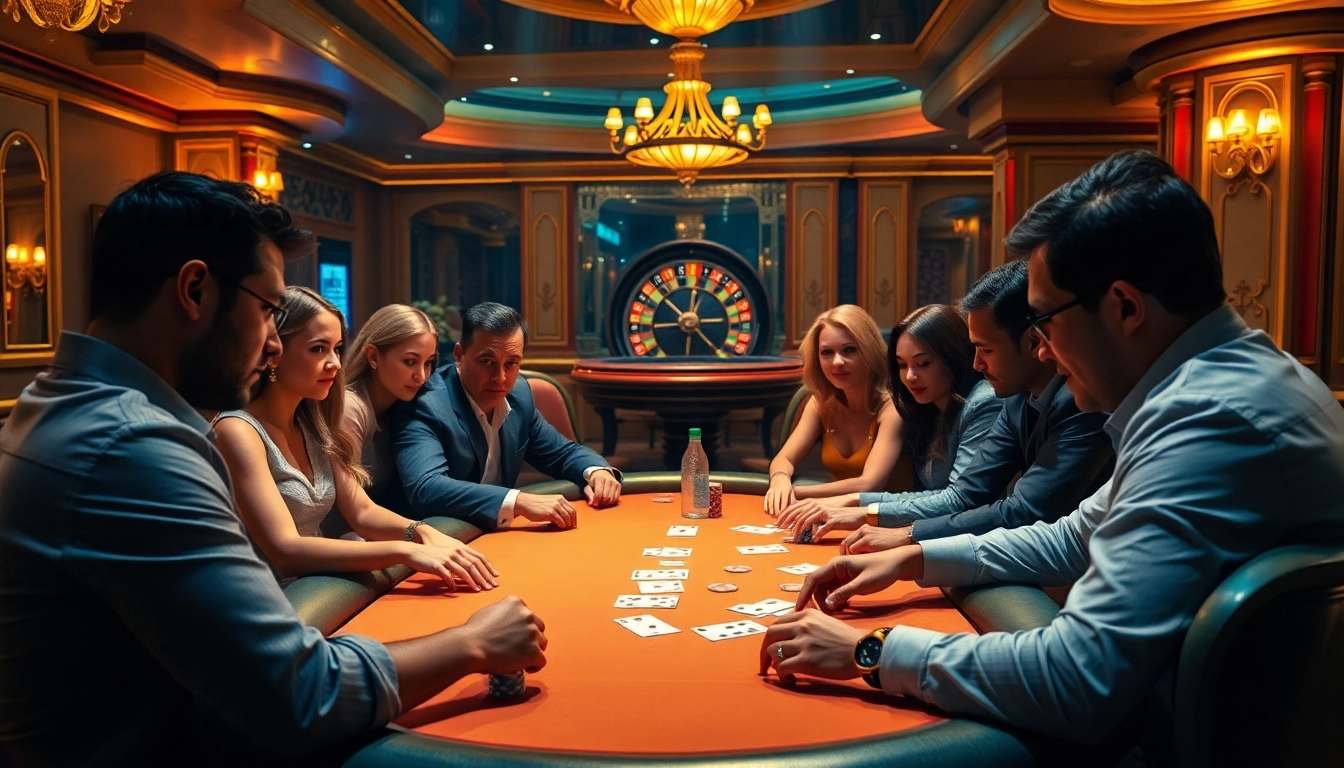 Players enjoying poker at the Hit club, surrounded by vibrant casino elements.