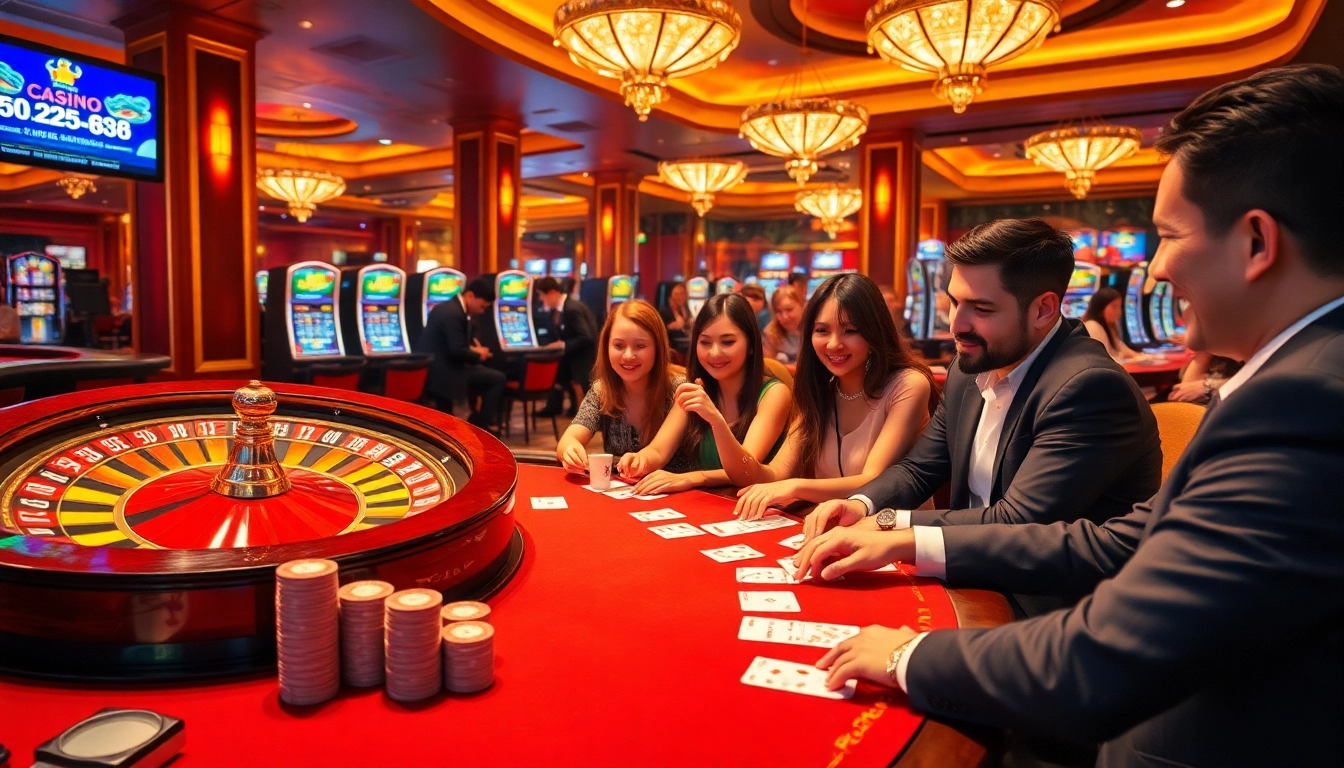 MM88 players enjoying a vibrant casino atmosphere with poker chips, roulette, and slots.
