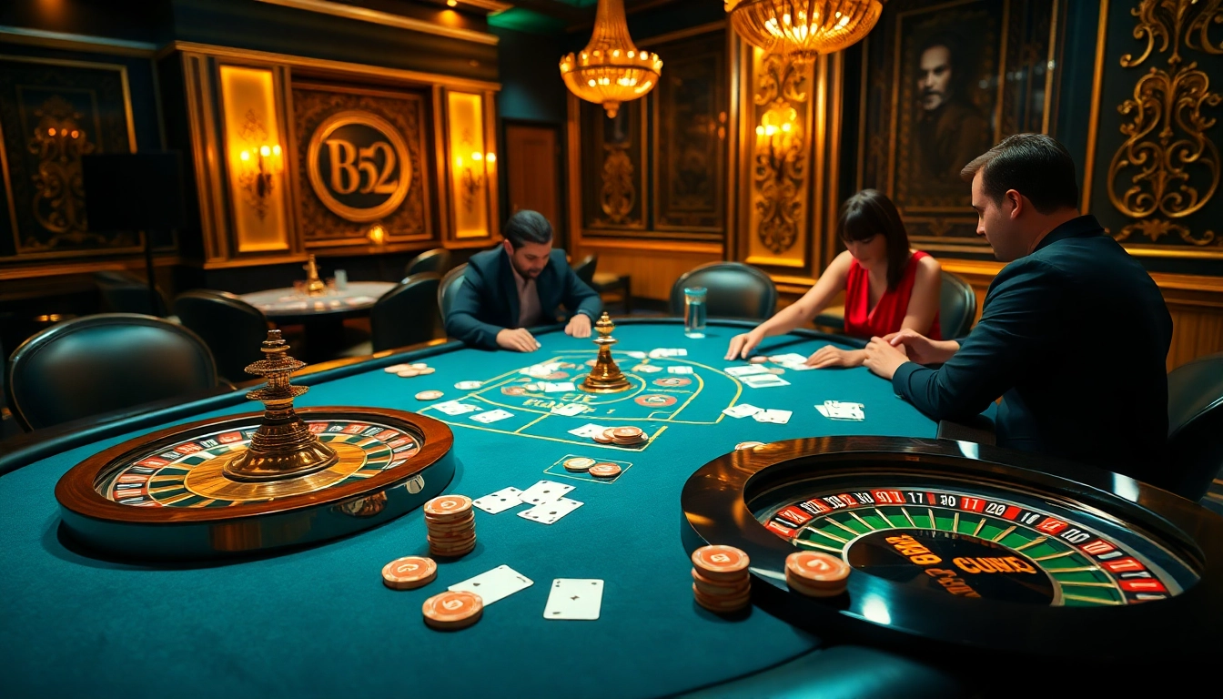 B52club players strategizing at a glamorous poker table surrounded by casino elements.