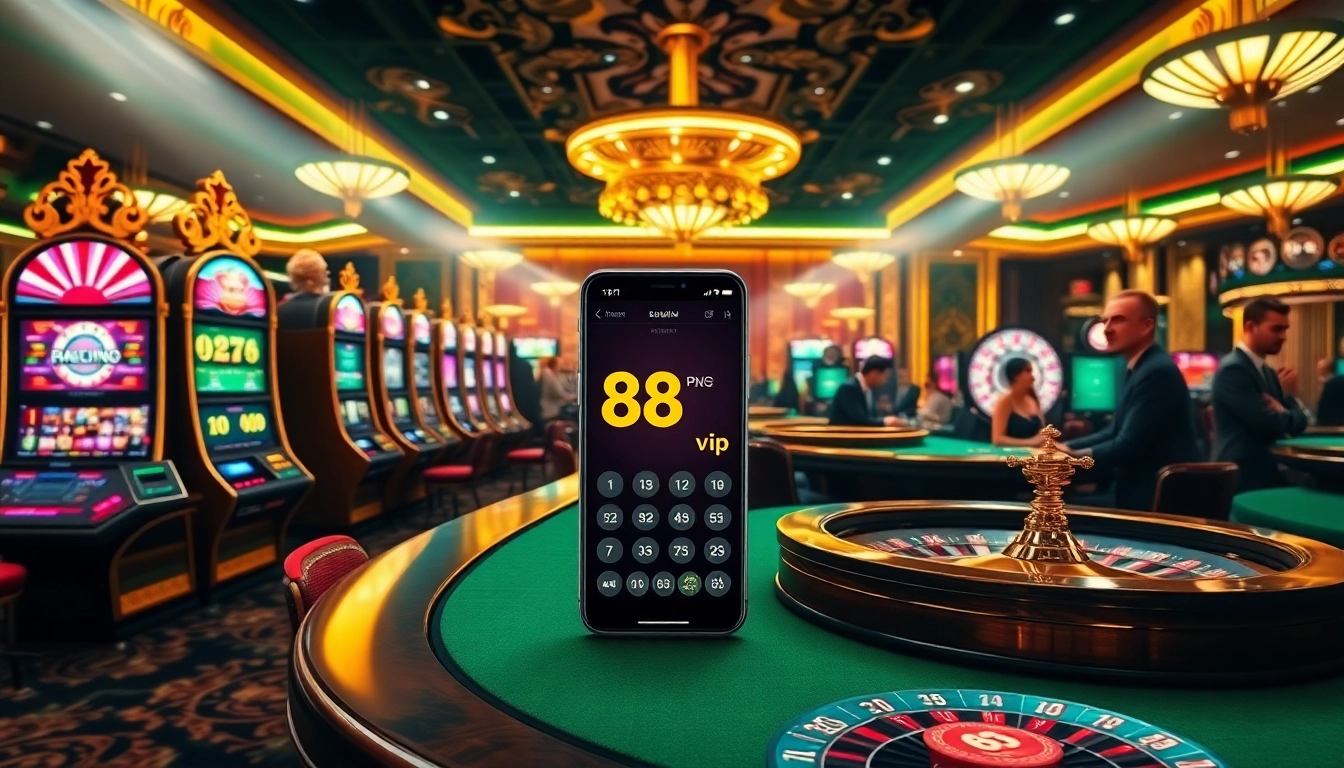 Players enjoying the excitement of gaming at a luxurious casino while using https://68vip.plus/ app on a mobile device.