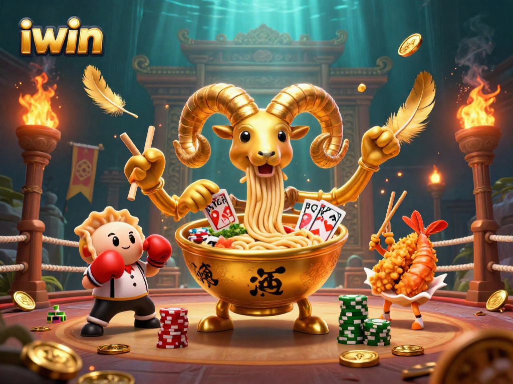 Join iwin in an epic casino showdown with a golden ramen bowl and sushi dealer in a vibrant arena.