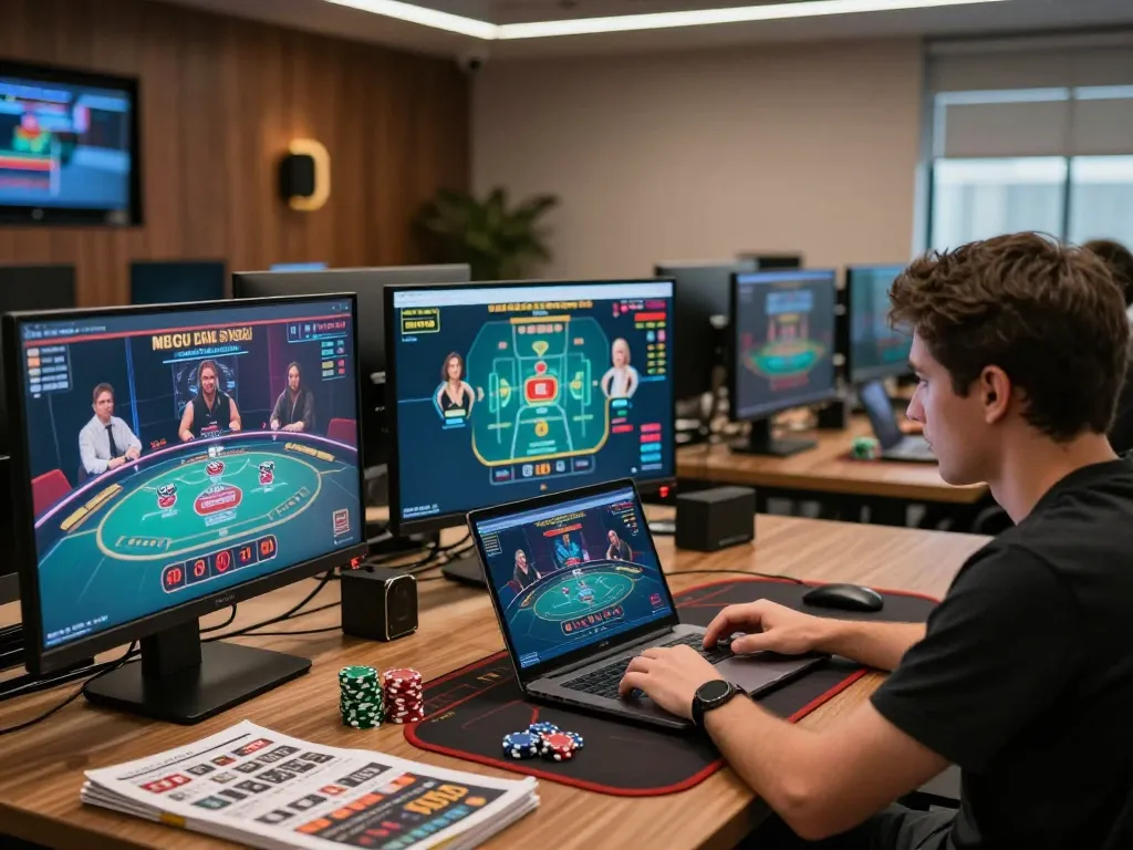 Player strategizing gaming techniques on tg88 online platform in a modern office