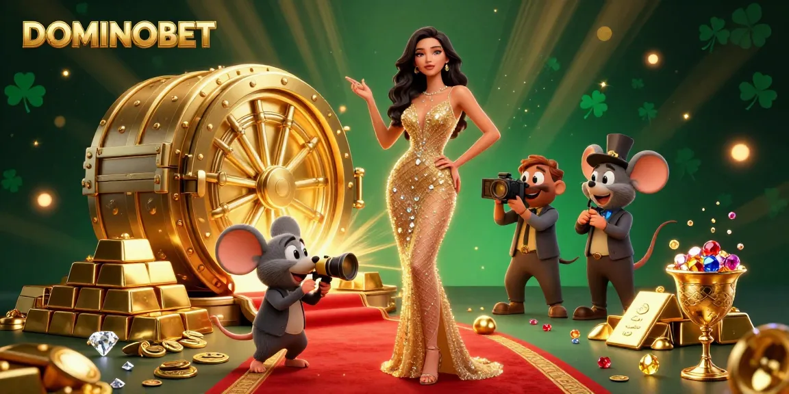 Experience the thrill of DOMINOBET with a glamorous 3D casino scene showcasing rich treasures and excitement.