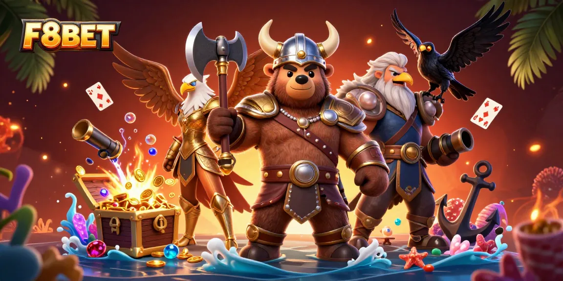 F8BET offers thrilling gameplay combined with a vibrant 3D scene showcasing a Viking and Valkyrie.
