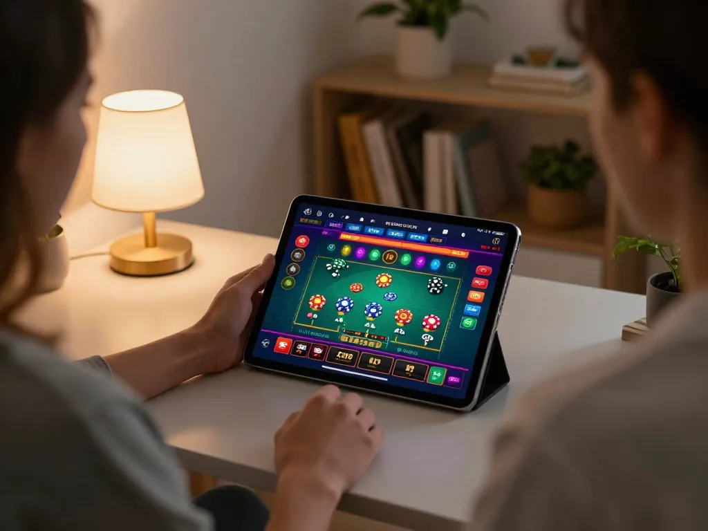 Engage in online gaming with tablet showcasing vibrant casino app at https://xi88.global/ in a cozy home setup.