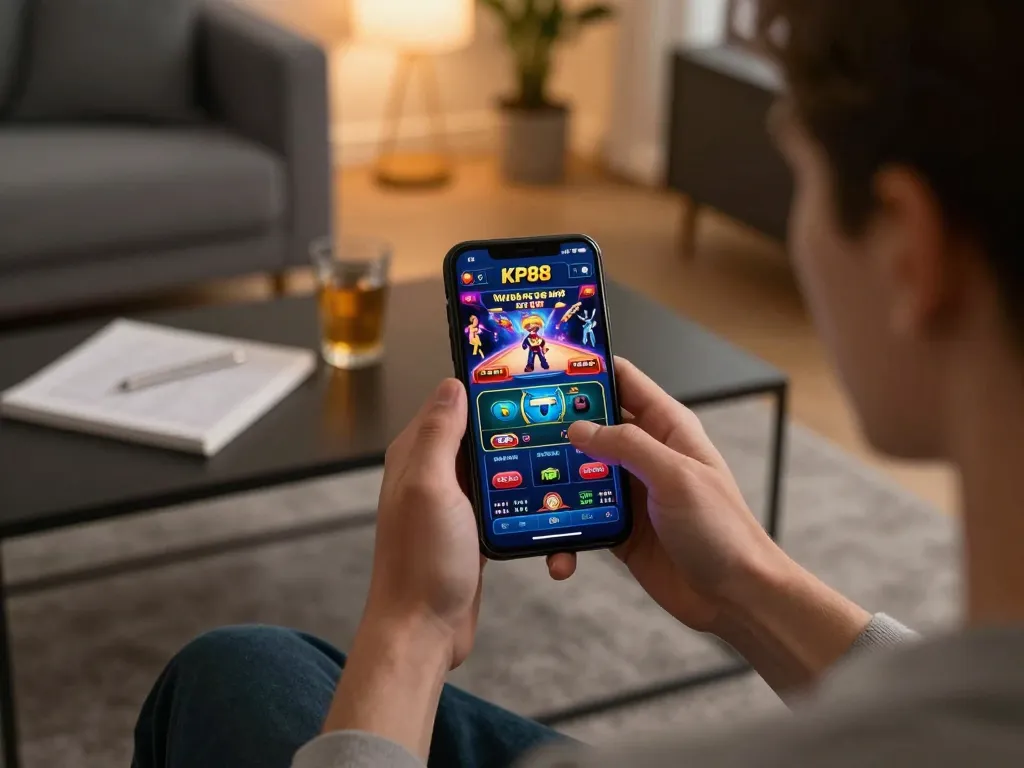 Engaging in online gaming on KP88 mobile app while enjoying a cozy home environment.
