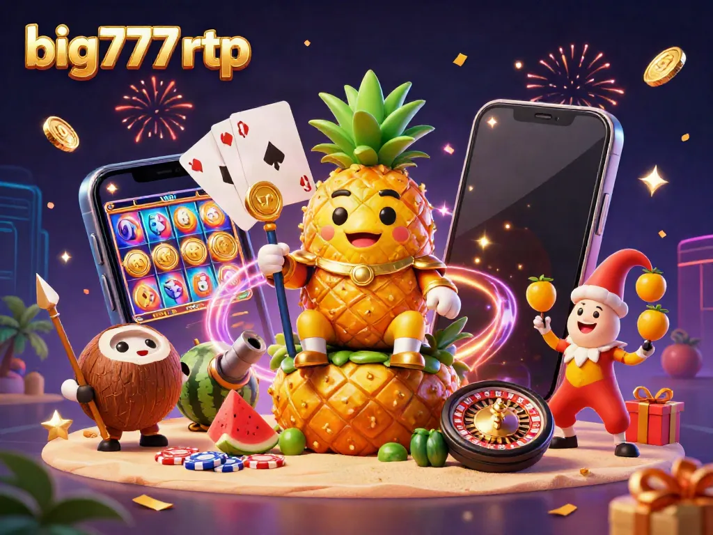Experience big777 rtp with a lively casino scene featuring a golden pineapple king and engaging game elements.