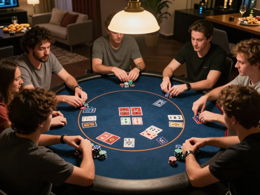 Players enjoying an engaging poker game at home, highlighting 555win1 strategies and social interaction.