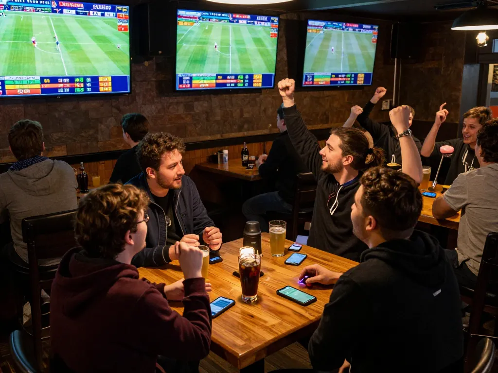 Tỷ Lệ Bóng Đá betting scene with friends analyzing live game odds in sports bar atmosphere