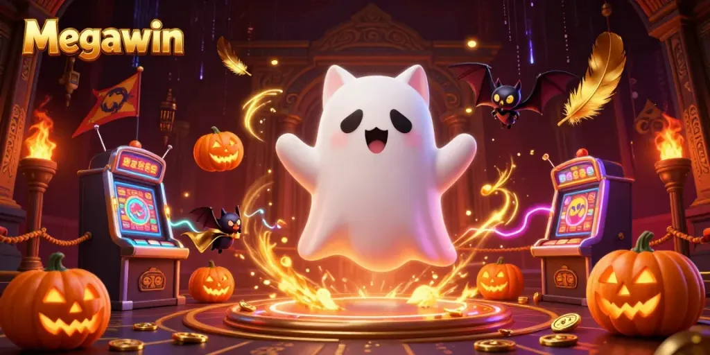 Mengulas permainan Megawin sambil dikelilingi kucing hantu dengan bat, jack-o-lantern, dan elemen kasino lainnya.