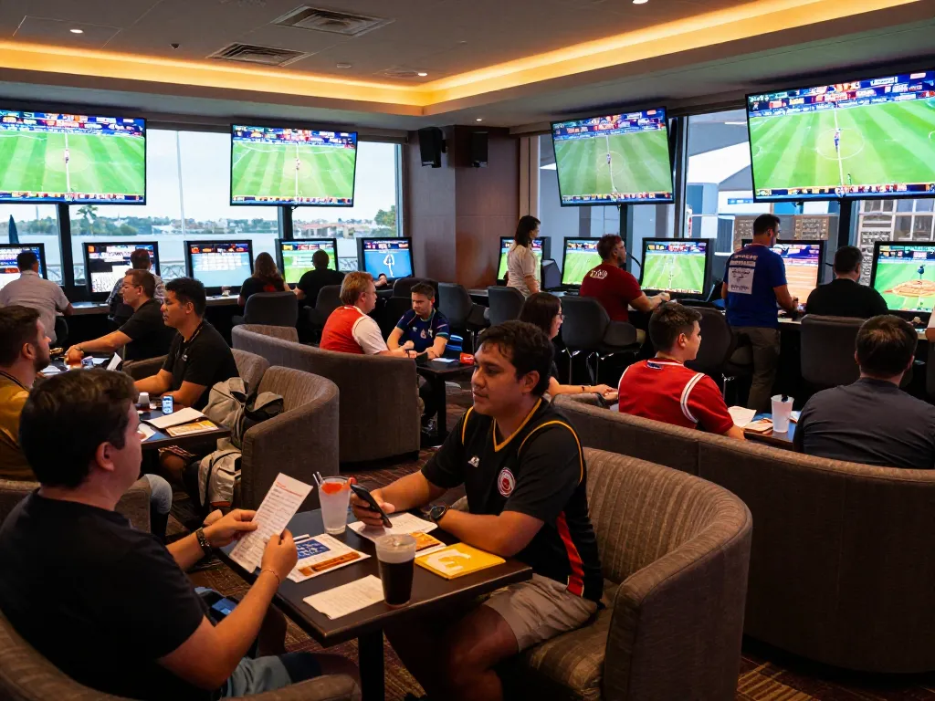 Patrons actively placing bets on NET88 in an upscale sports betting lounge