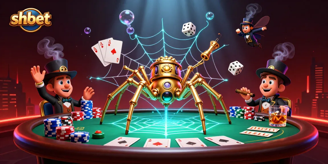 Experience the thrill of shbet as a steampunk spider weaves a web of poker chips and fortune.