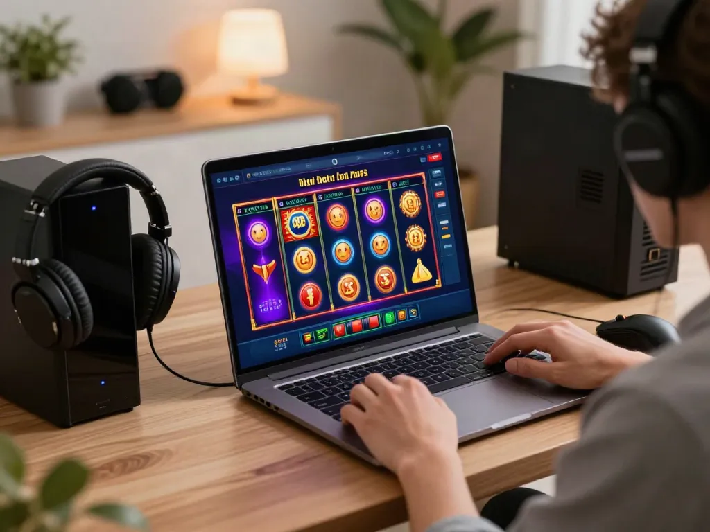 Akunjp online gambling scene with a person playing vibrant slot games in a cozy home office.