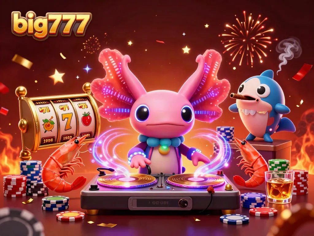 Spin to win big777 in a vibrant casino scene with an exciting DJ and lively characters!