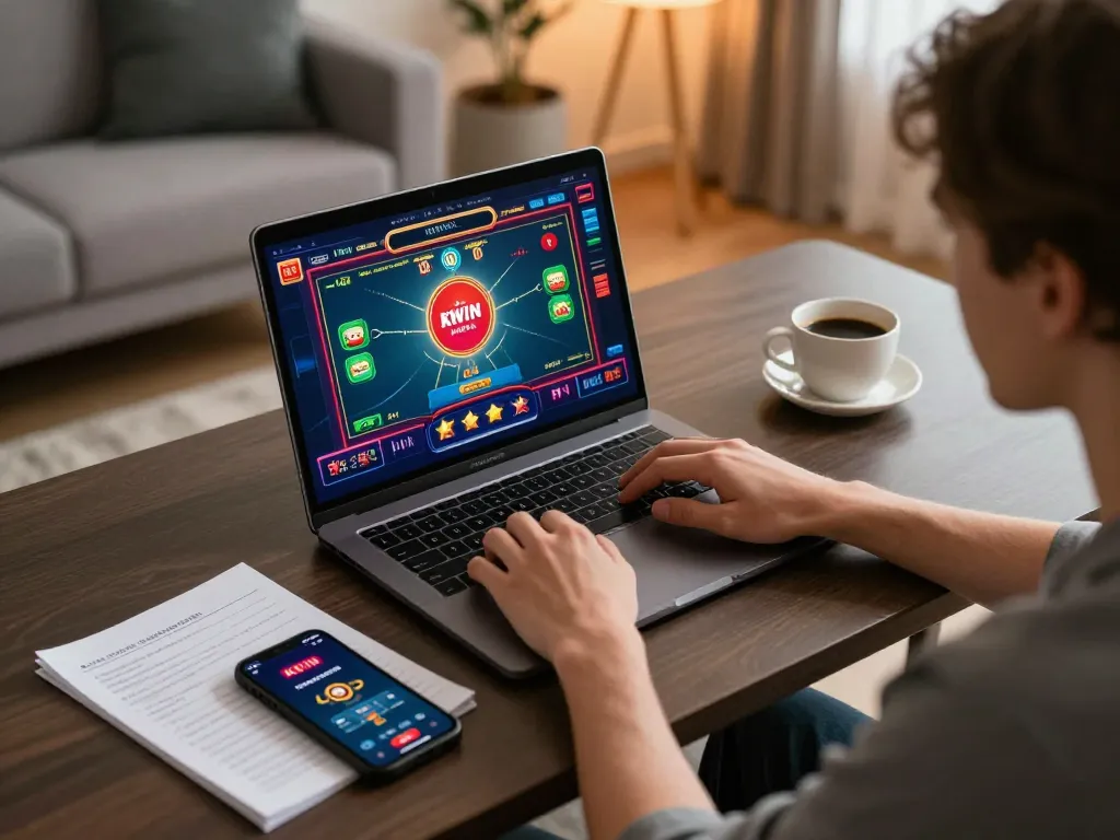 Person engaging in online gaming on KKWIN using a laptop with poker and slots interface