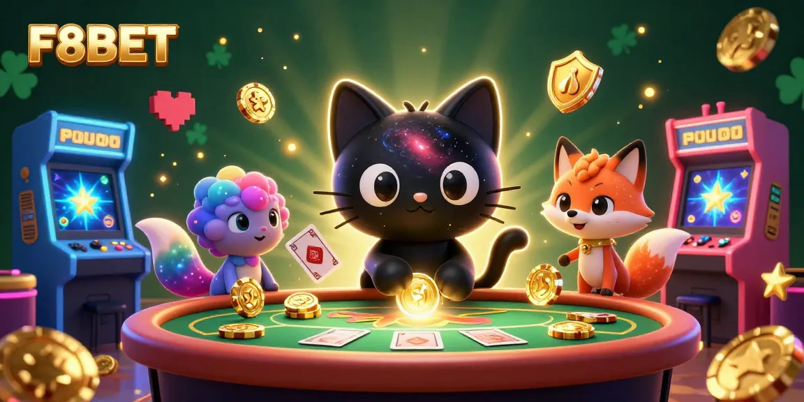 Experience the excitement of F8BET with a cosmic casino scene featuring a black hole cat and nebula fox.