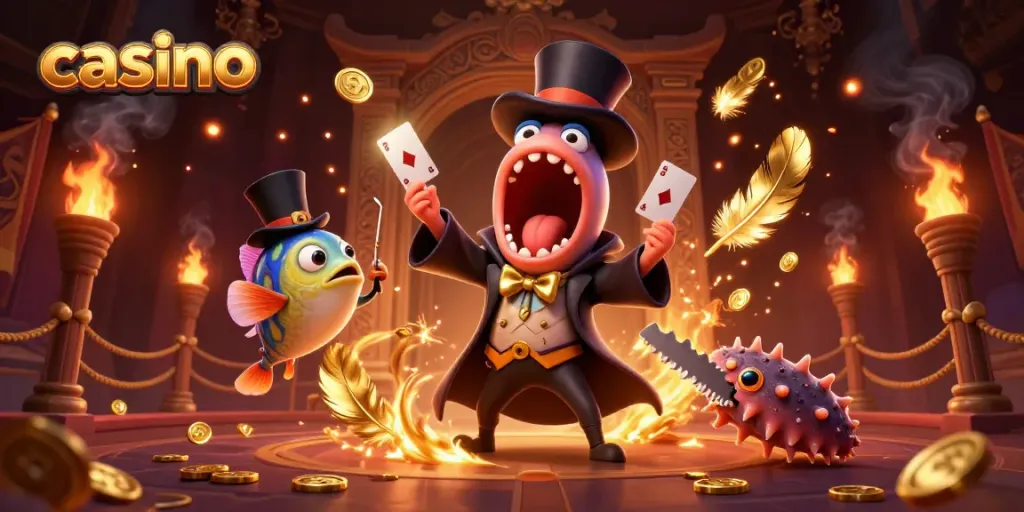 Experience a vibrant casino magic act in a deep-sea setting featuring dazzling characters and magical elements.
