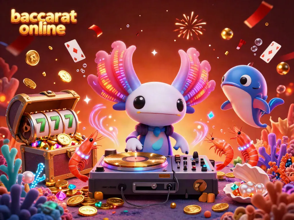 Experience baccarat online in a vibrant, lively 3D illustration featuring a neon axolotl DJ and dancing shrimp.