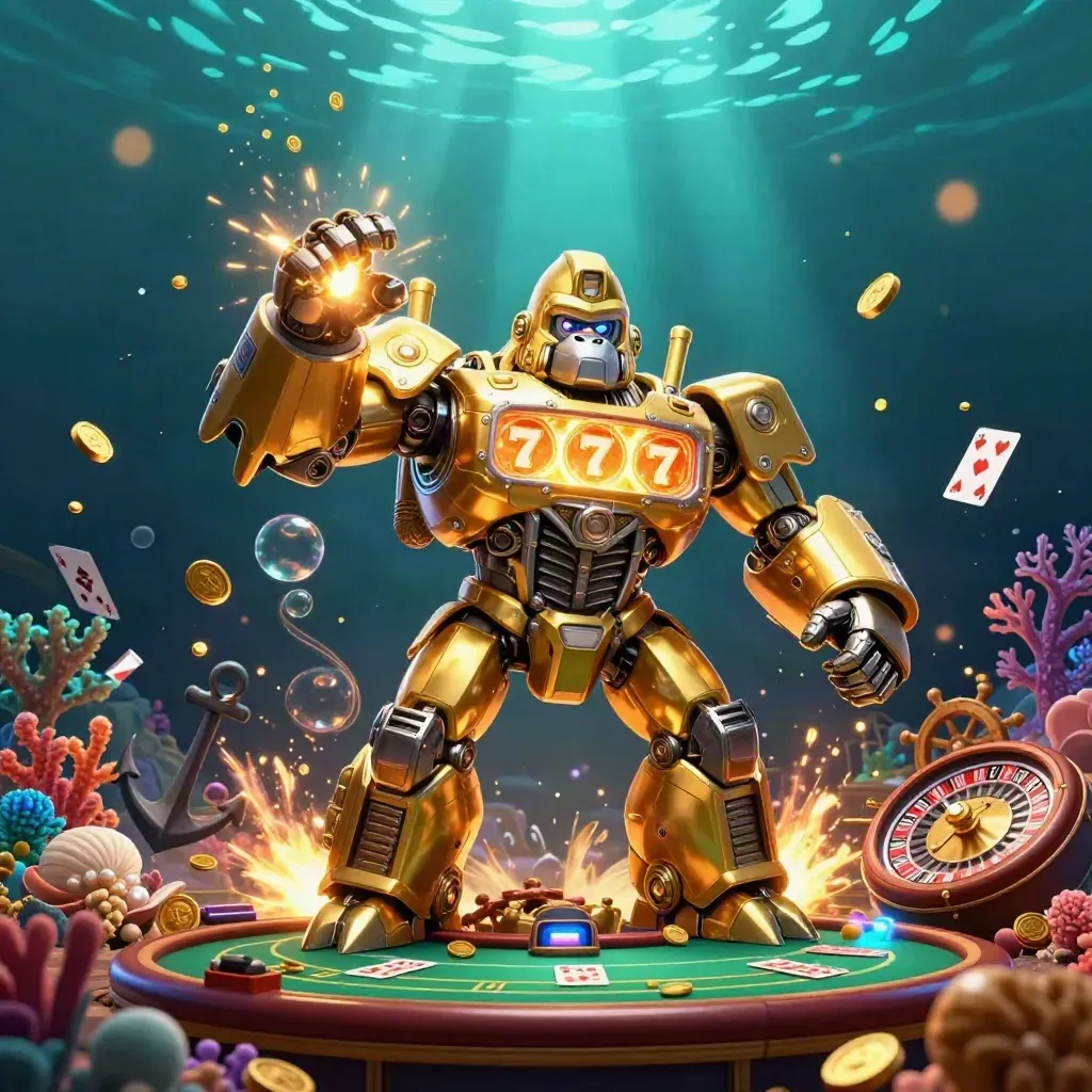 Golden gorilla mech erupts in an underwater treasure cove with a tiny monkey pilot.