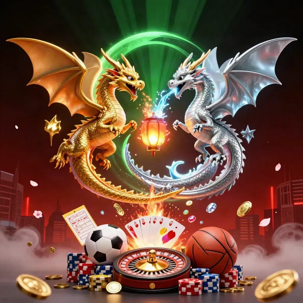 Gold and silver dragons spiral around casino icons with a soccer ball and basketball in a dark luxe glow.