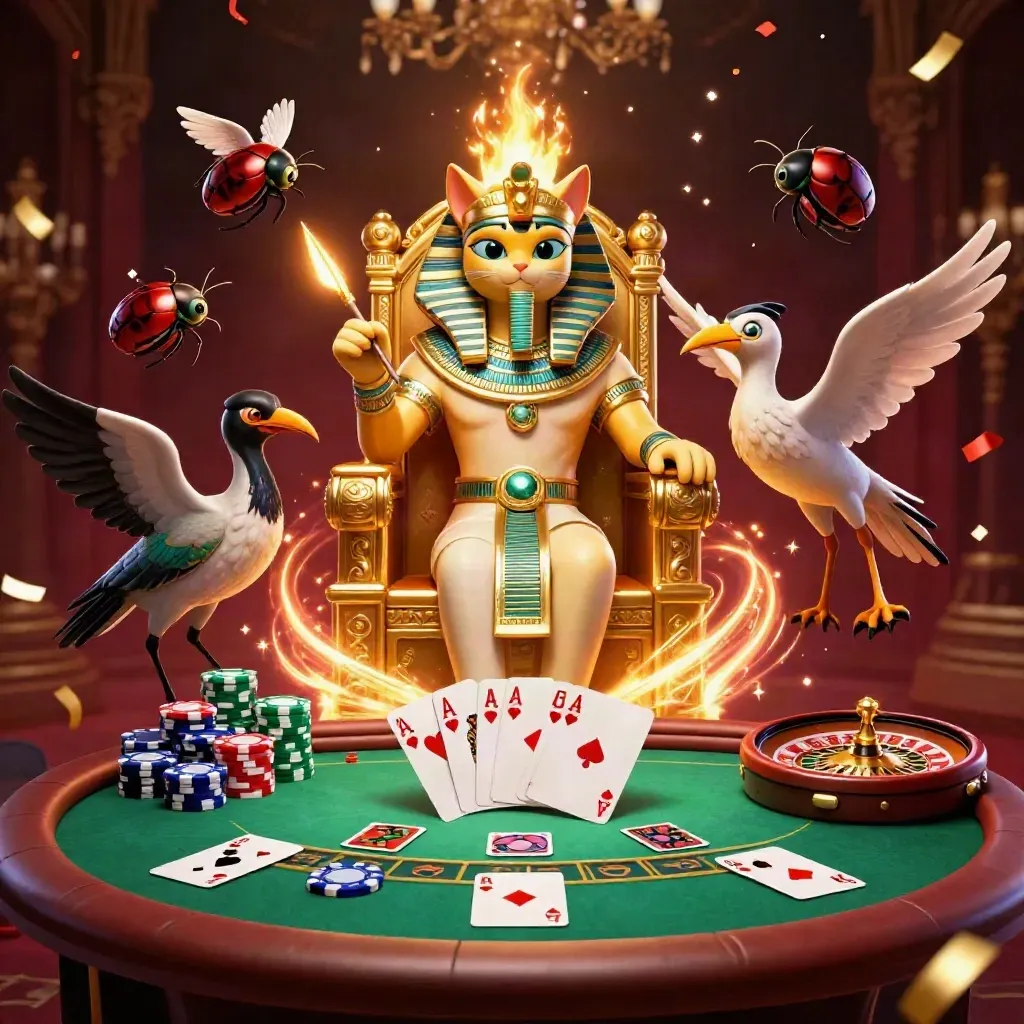 Pharaoh cat on golden throne with ibis scribe, scarabs, casino table, chips and glowing green magic.