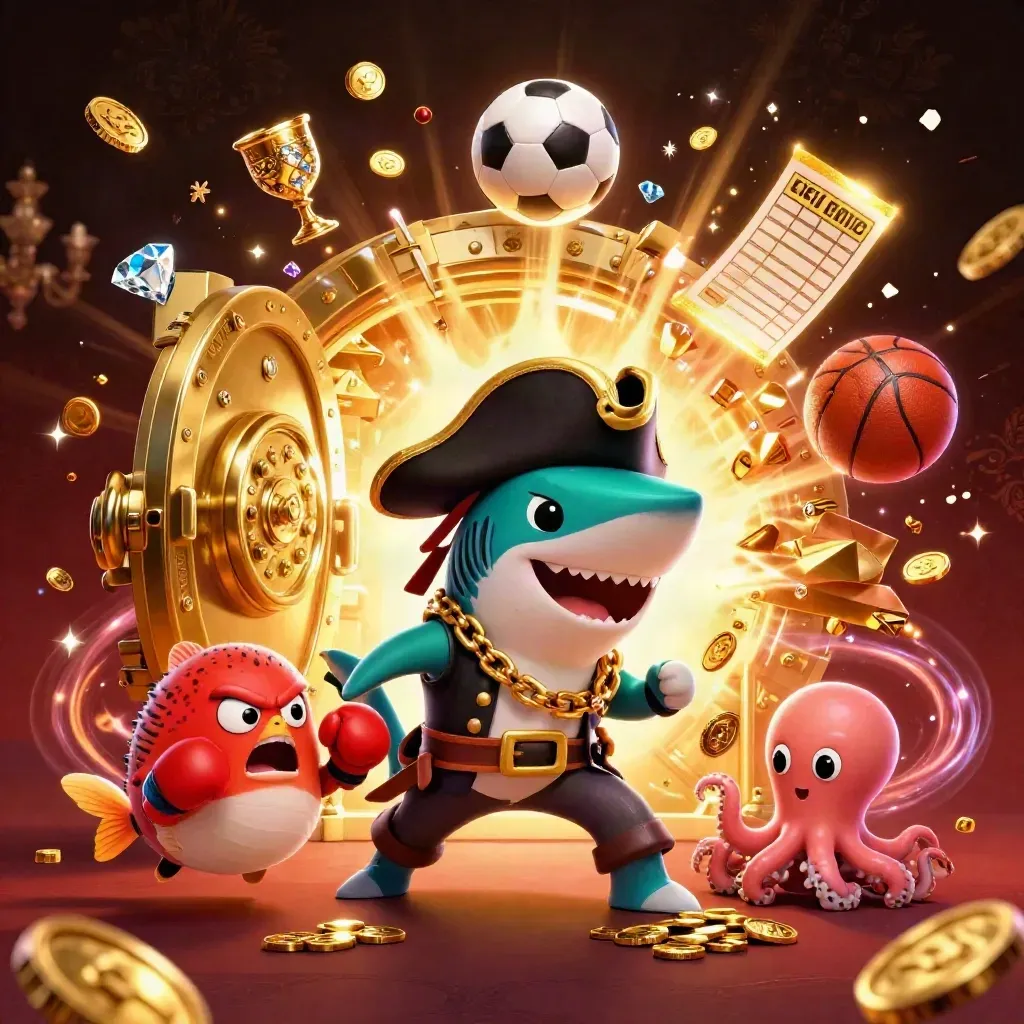 Pirate shark, boxing pufferfish, and coin-juggling octopus amid treasure and casino light.