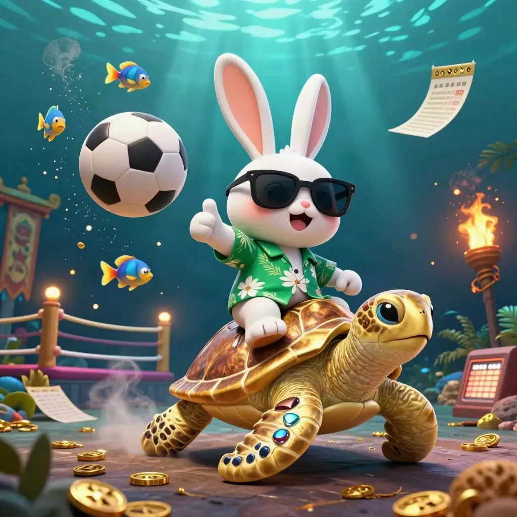 Lucky rabbit on golden sea turtle with sports balls, coins, temple gate, underwater casino glow