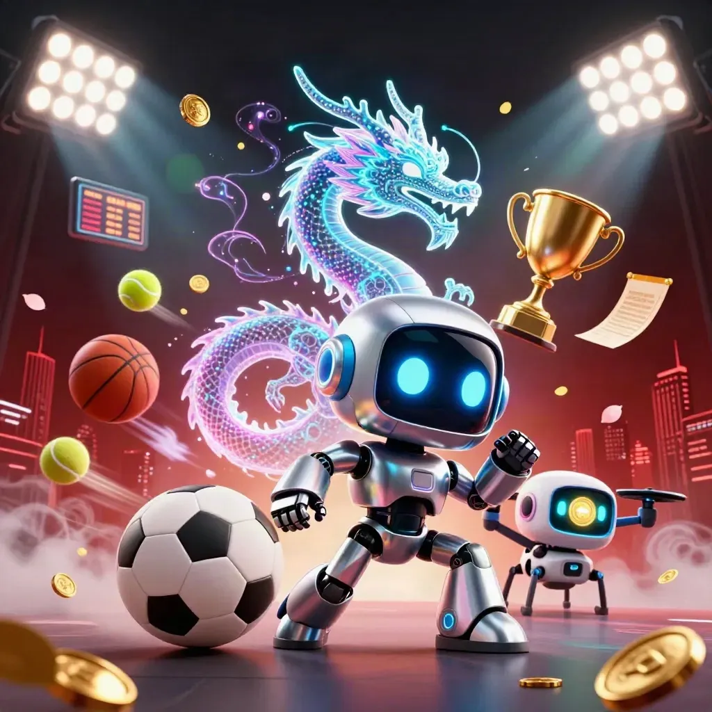 Cyberpunk robot, holographic dragon and drone amid flying sports balls, coins and stadium lights.