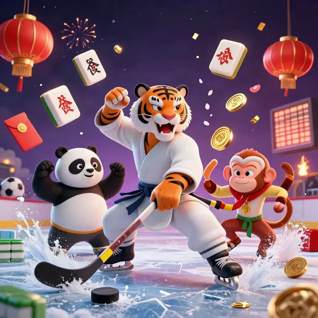 Tiger, panda, and monkey in a hockey burst with puck, ice spray, and casino-style glowing effects.