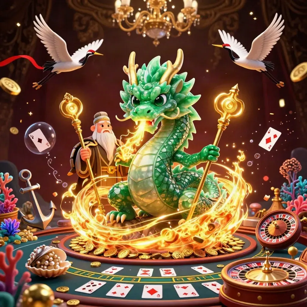 Emerald jade dragon, turtle sage, and red-ribbon cranes in a luxe casino treasure scene.