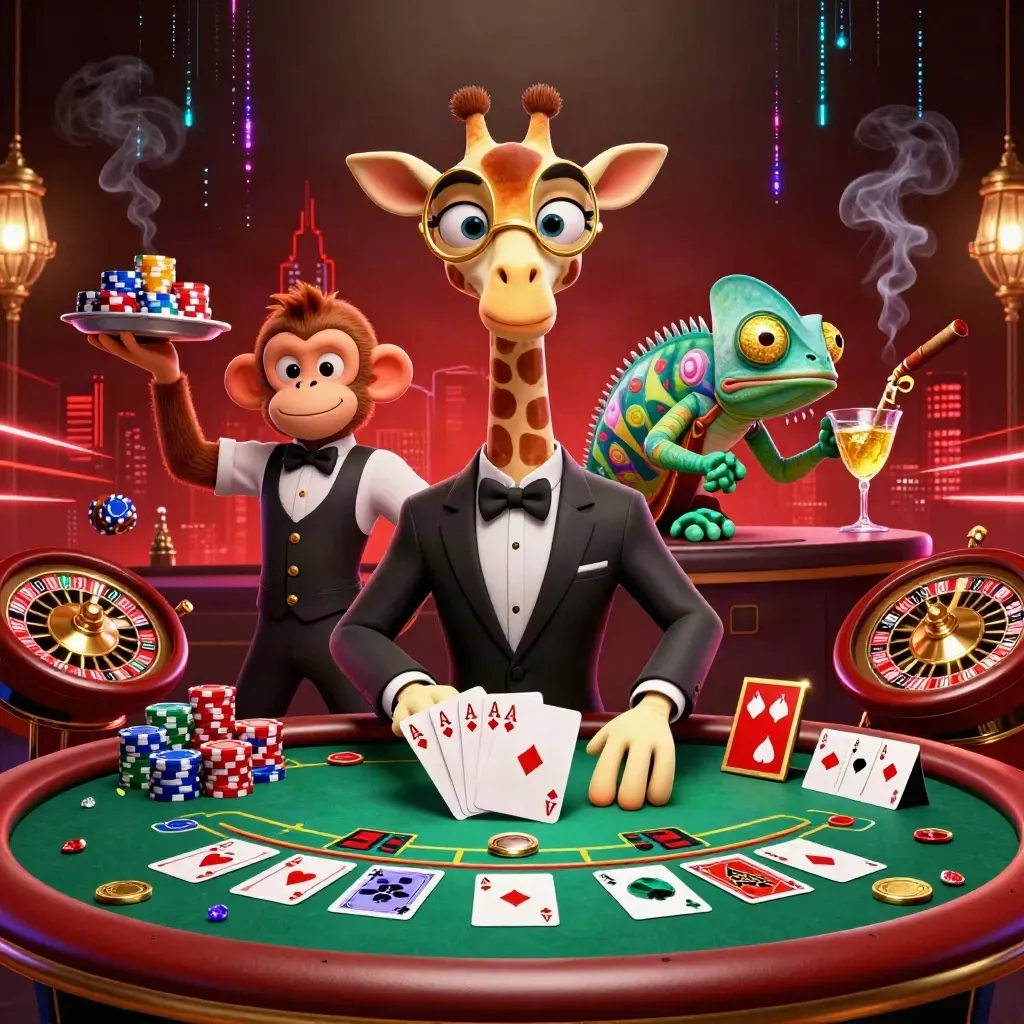 Cartoon giraffe, monkey valet, and chameleon bartender in a luxe casino lounge with chips, cards, and neon glow.