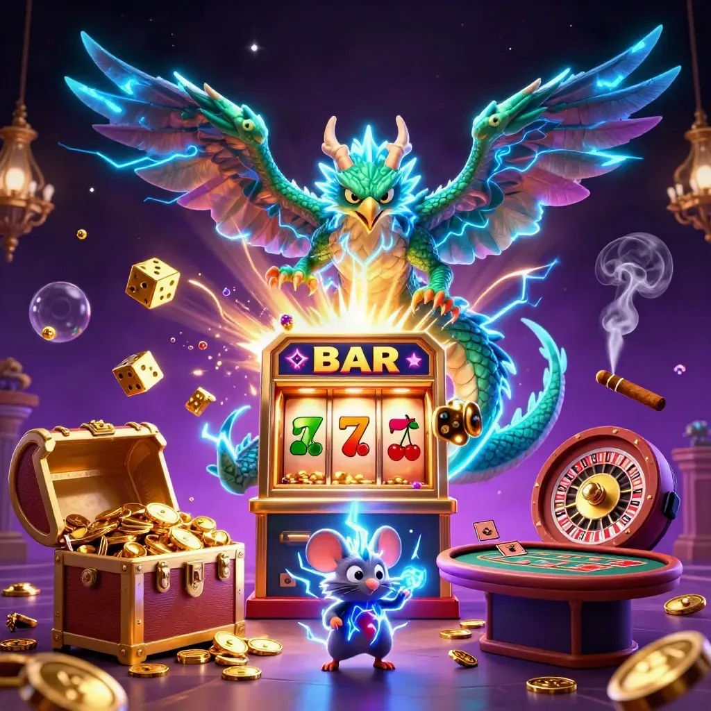 Thunder dragon, wind hawk and static mouse amid casino magic and gold bursts.