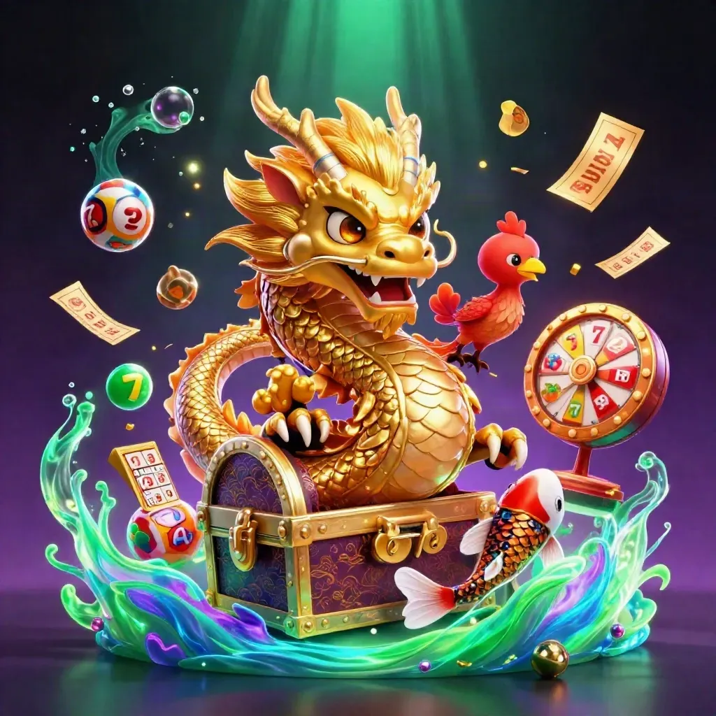 Golden dragon, phoenix, and koi burst from a treasure chest with casino game icons