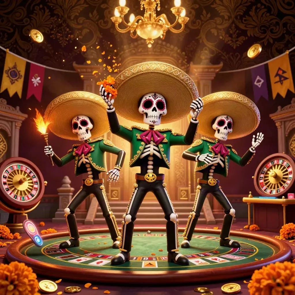 Skeleton mariachi trio in a luxury casino glow with gold, emerald, and chandelier bokeh.