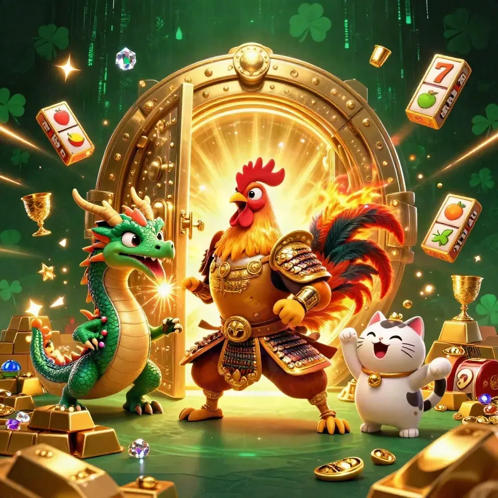 Rooster samurai, spark-breathing dragon hatchling, and fortune-cat amid a glowing treasure vault.