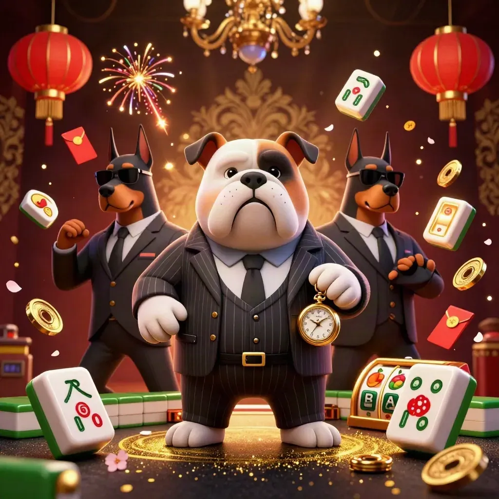 Mafia bulldog and two Dobermans in an emerald casino explosion with lanterns, jade coins, and gold glow.