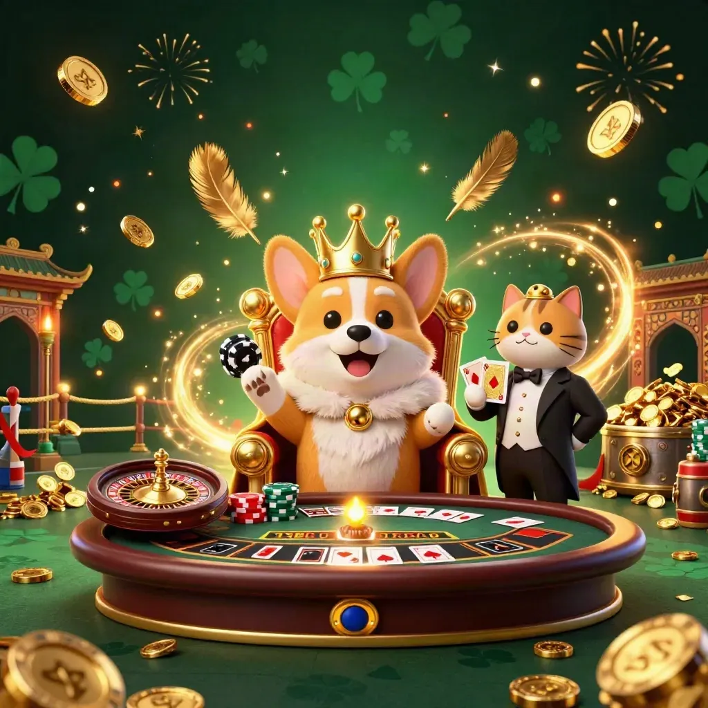 Royal corgi and cat butler amid casino gold, fireworks, coins, and a spinning roulette wheel.
