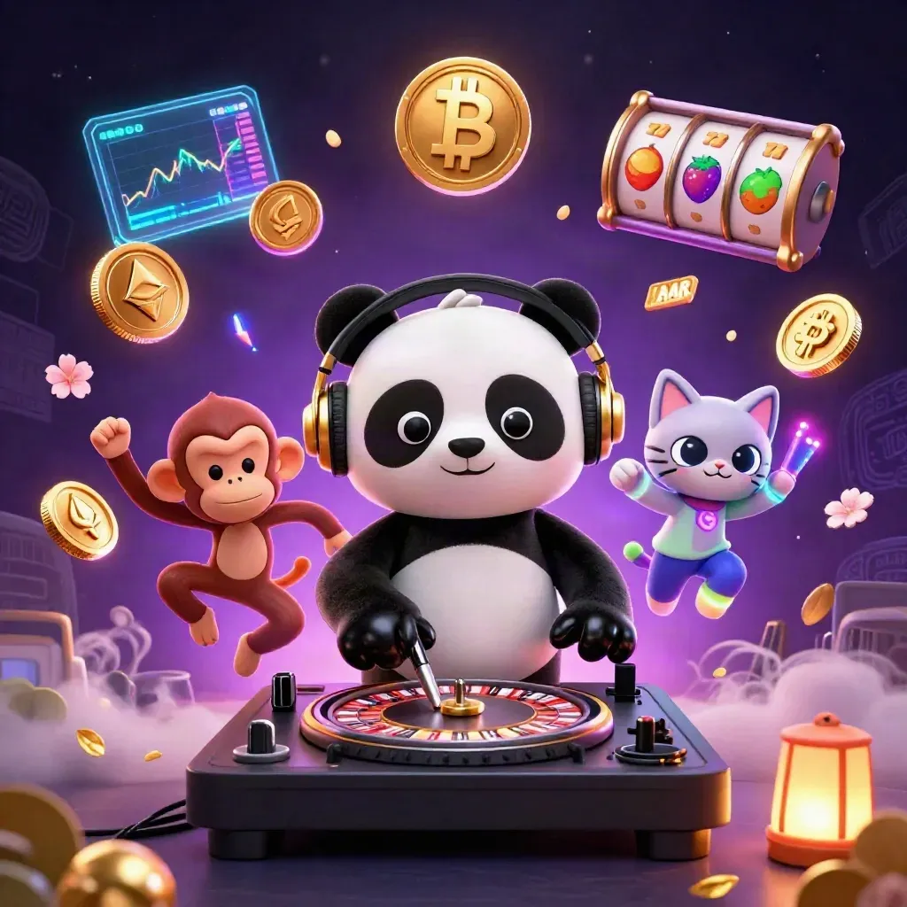 DJ panda, breakdancing monkey, and glow-stick kitten amid casino crypto effects in neon green and gold.
