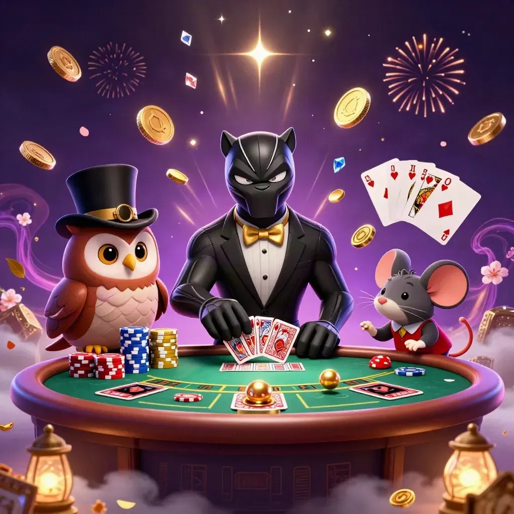 Panther, owl, and mouse in a casino vault burst with coins, chips, cards, fireworks, and glowing magic.