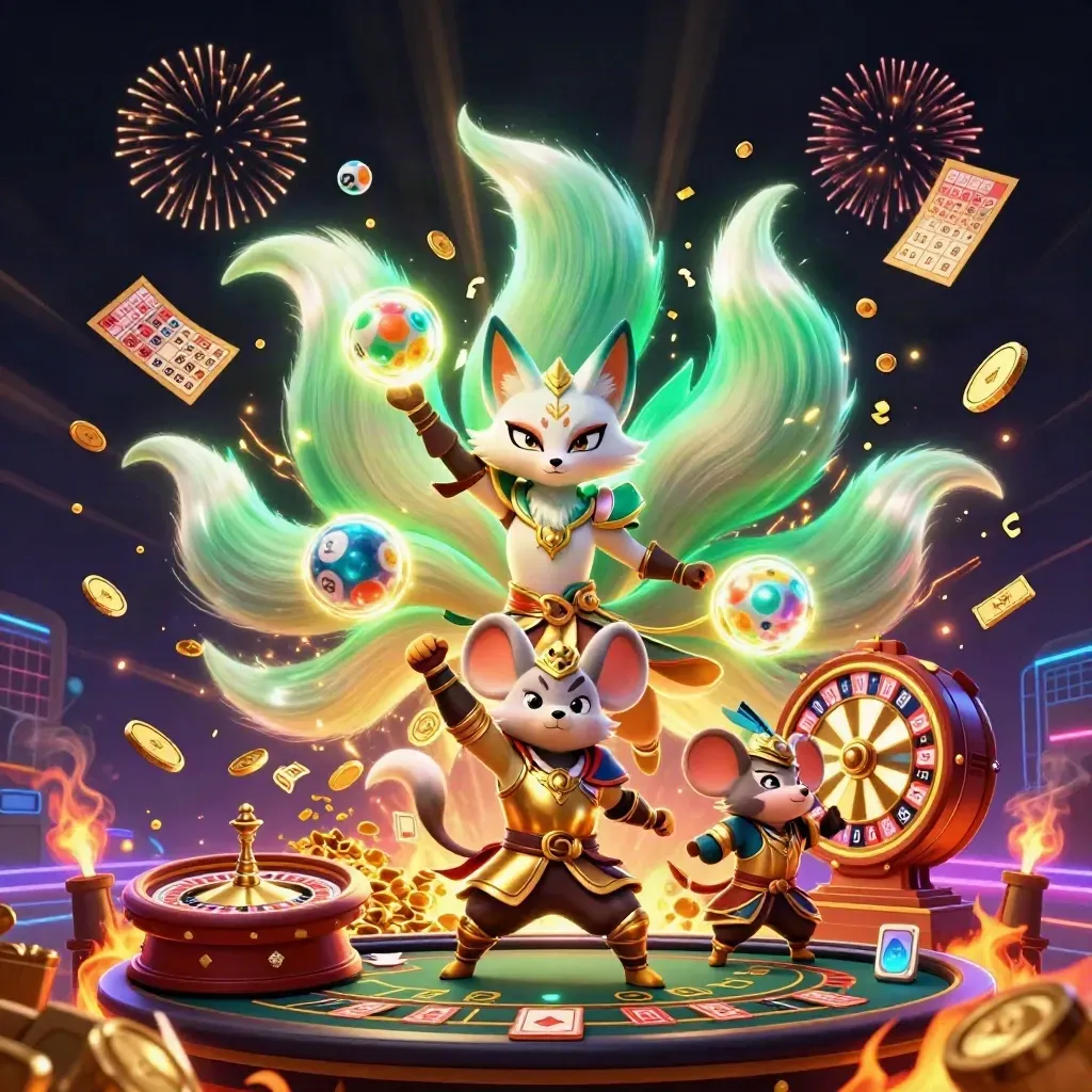 Neon fox spirit and armored mouse amid casino games, coins, fireworks, and treasure.
