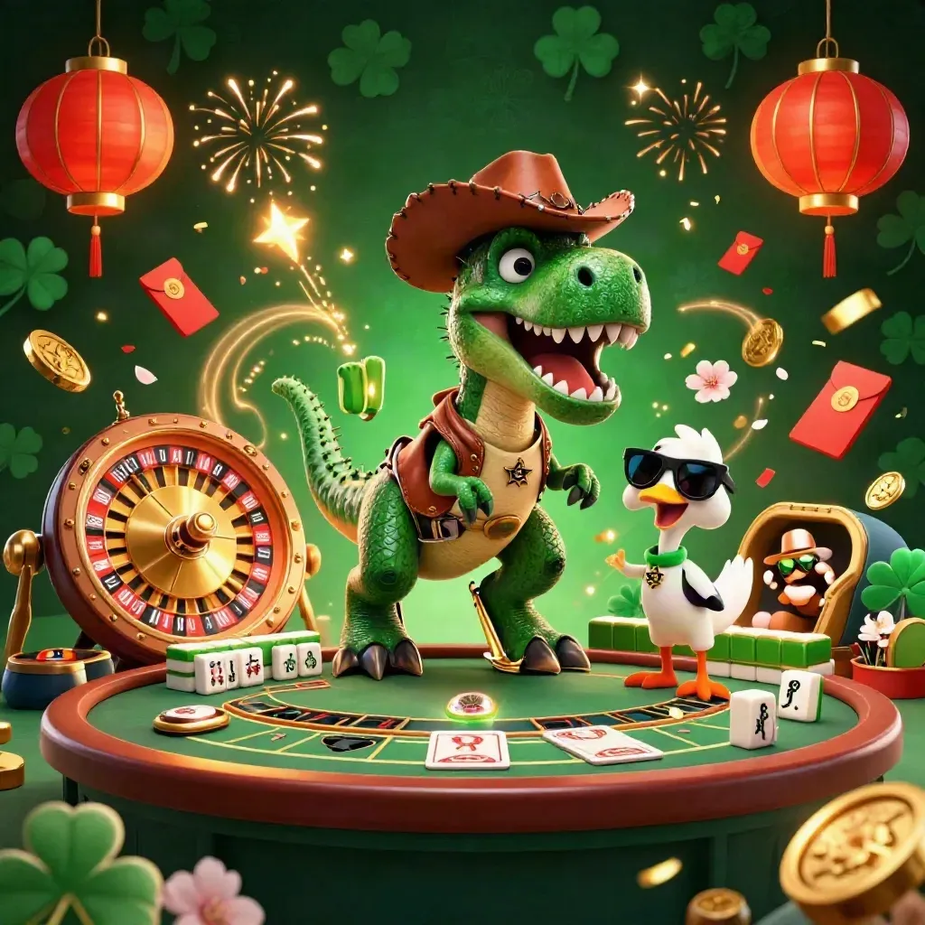 Cowboy T-Rex, cactus and roadrunner amid casino loot, fireworks, coins and blackjack table.
