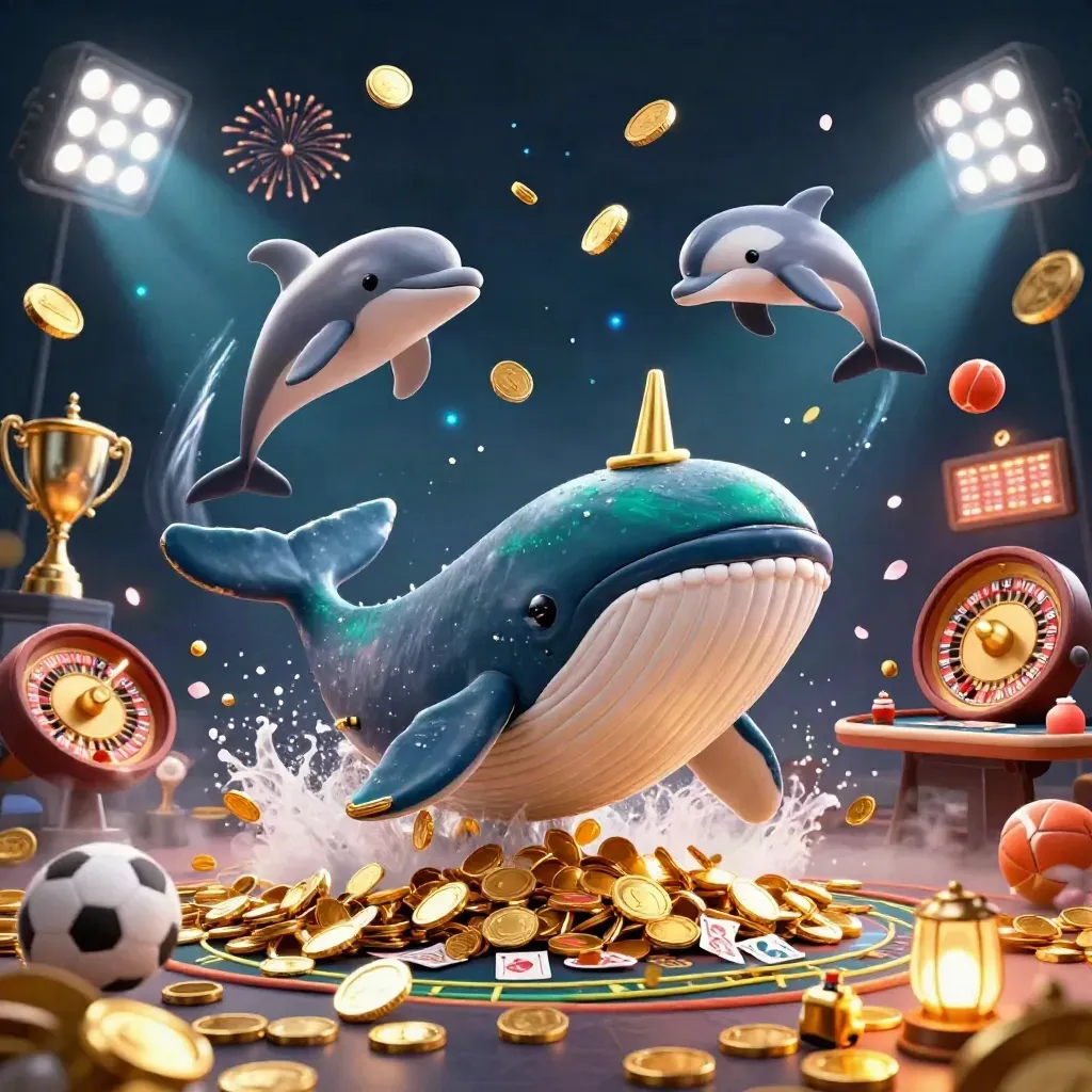 Captain whale, narwhal, and dolphins burst through gold coins with casino prizes and fireworks.